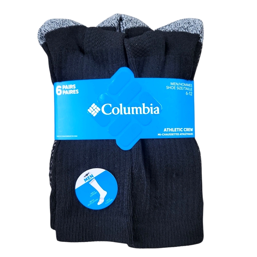 6 Pair NWT Men's Columbia Black Athletic Crew Socks